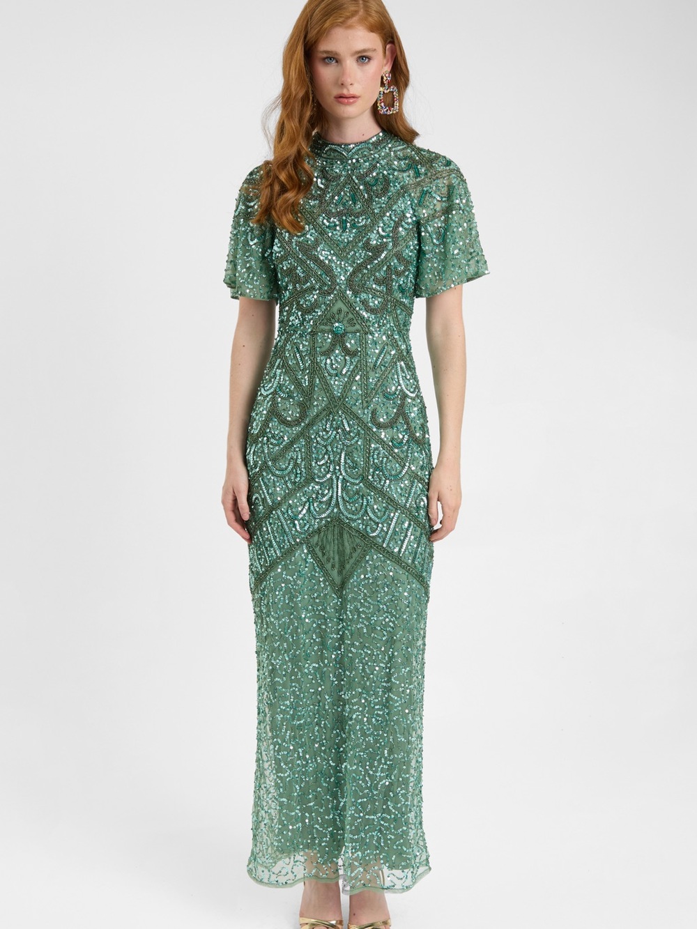 Sage Green Beaded Maxi Dress with Short Sleeves